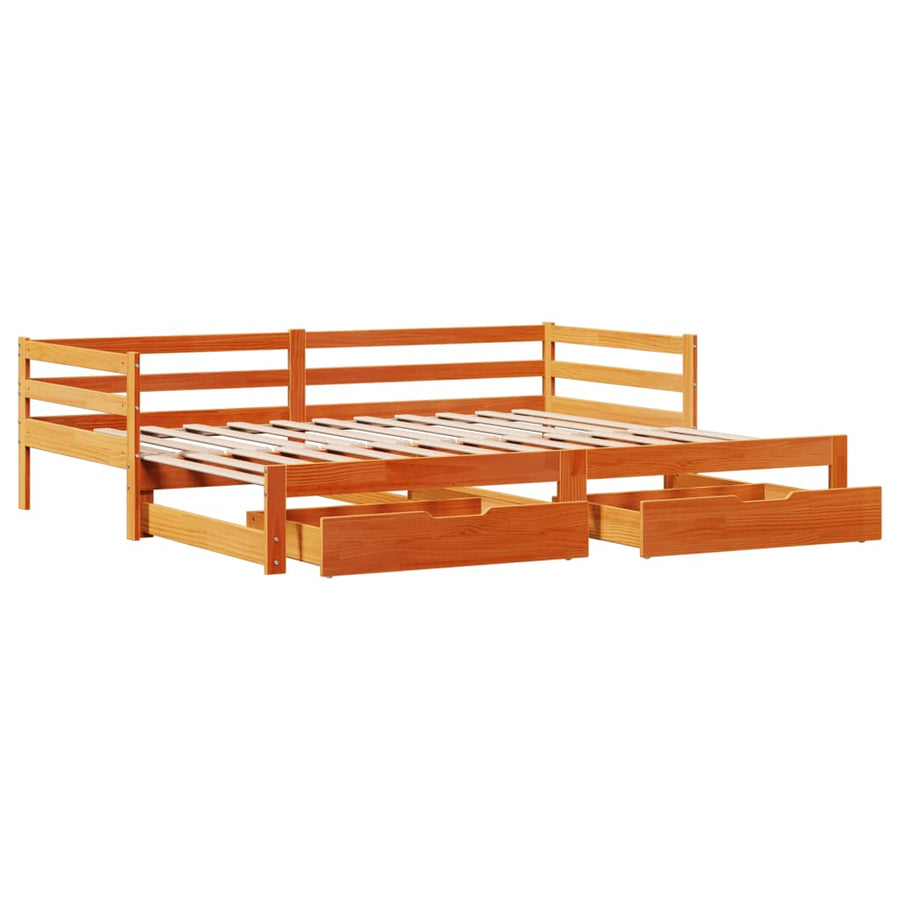 Slaapbank onderschuifbed en lades 90x190 cm grenenhout wasbruin
