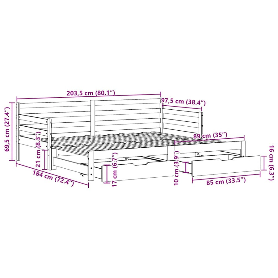 Slaapbank met lades 90x200 cm massief grenenhout wit