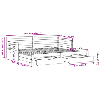 Slaapbank met onderschuifbed en lades 90x200 cm grenenhout