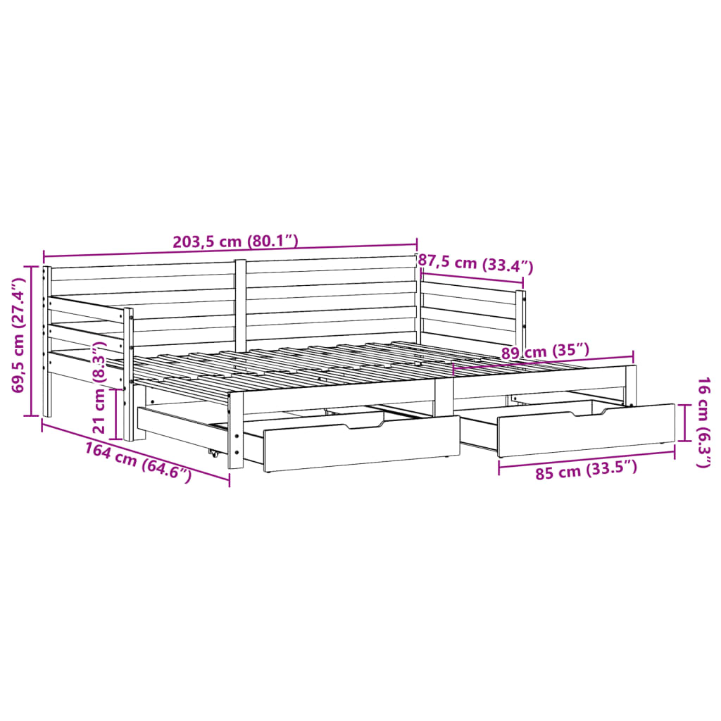 Slaapbank met onderschuifbed en lades 80x200 cm grenenhout