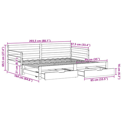 Slaapbank met onderschuifbed en lades 80x200 cm grenenhout