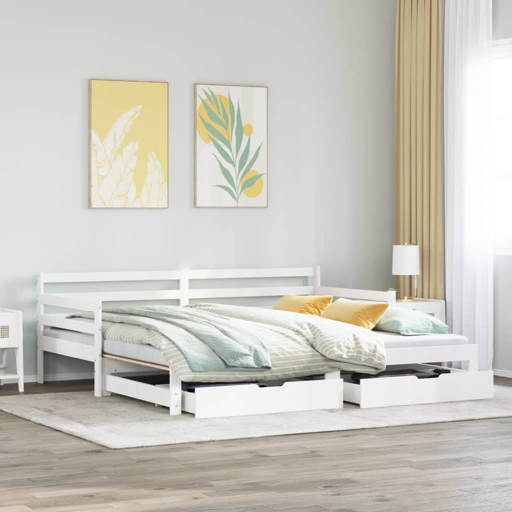 Slaapbank met onderschuifbed en lades 90x190 cm grenenhout wit