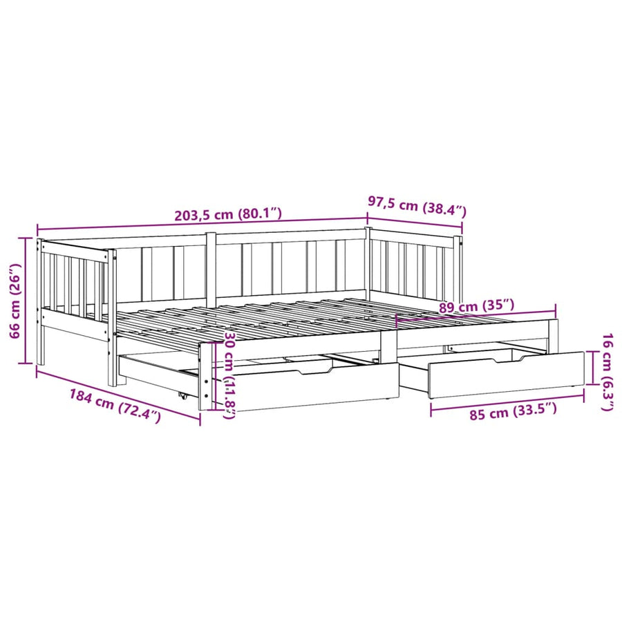 Slaapbank met onderschuifbed/lades zonder matras 90x200 cm wit