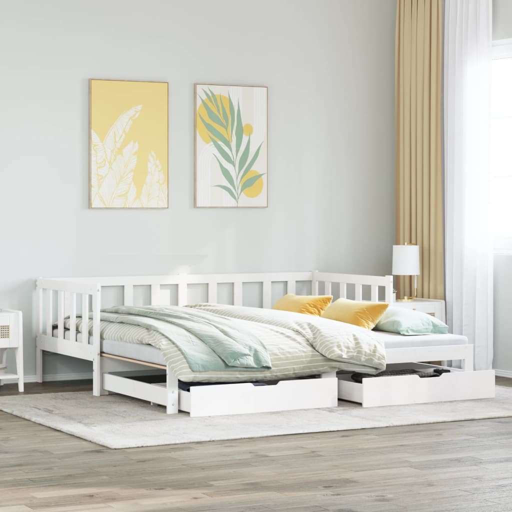 Slaapbank met onderschuifbed en lades 90x200 cm grenenhout wit