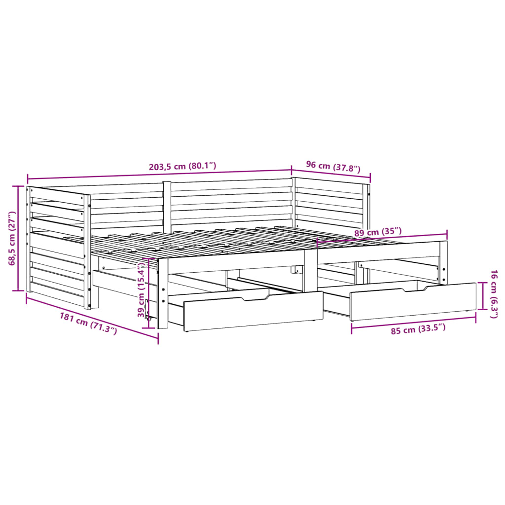 Slaapbank met lades 90x200 cm massief grenenhout wit