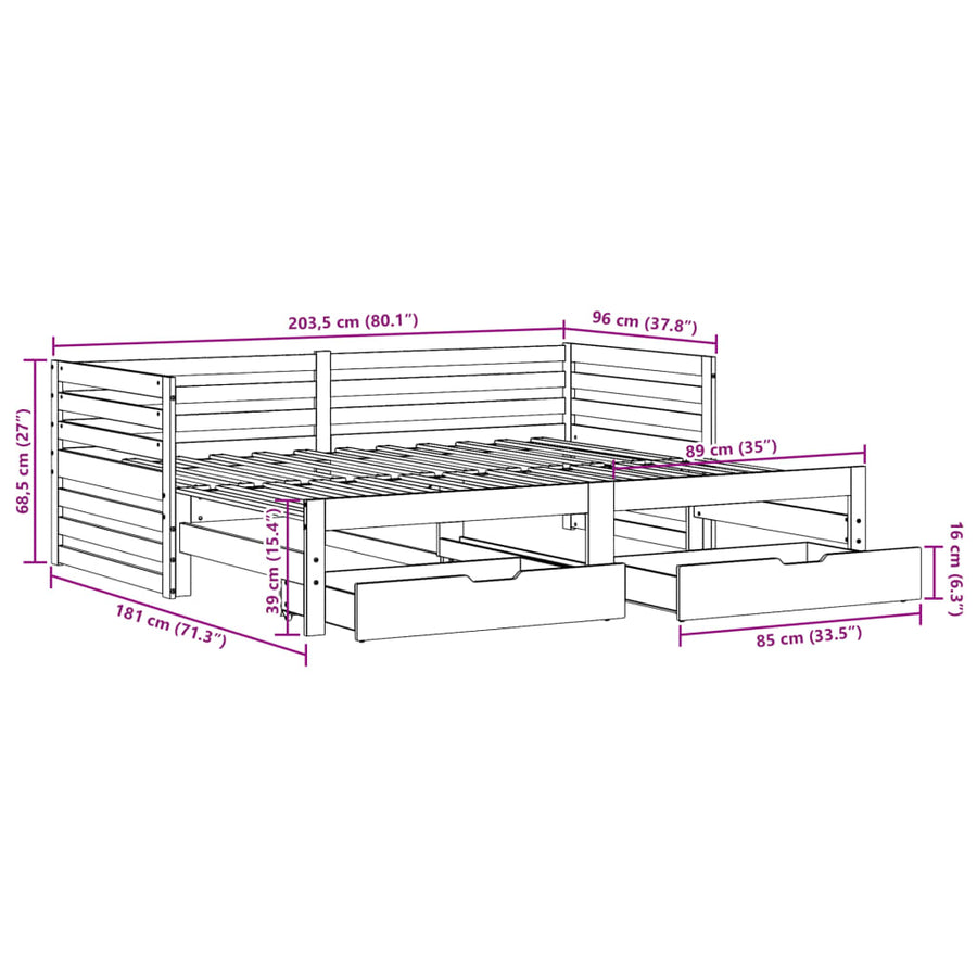 Slaapbank met lades 90x200 cm massief grenenhout wit