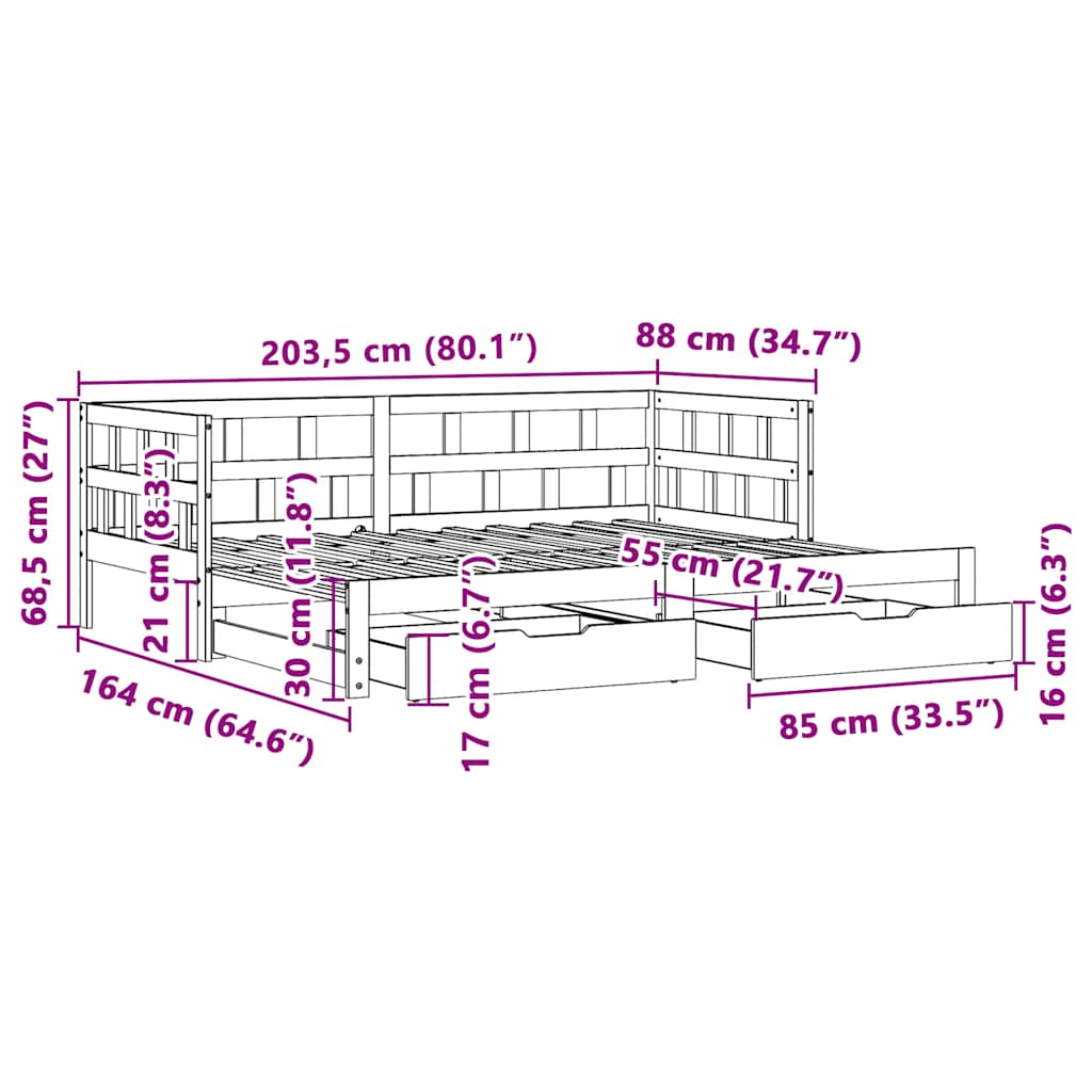 Slaapbank met onderschuifbed/lades zonder matras 80x200 cm wit