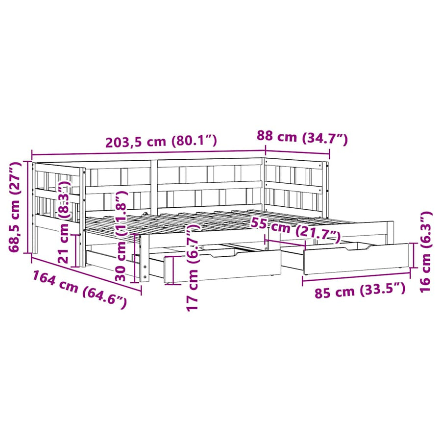 Slaapbank met onderschuifbed/lades zonder matras 80x200 cm wit