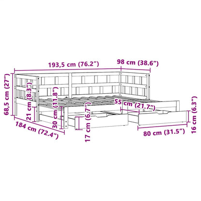 Slaapbank met onderschuifbed/lades zonder matras 90x190 cm wit