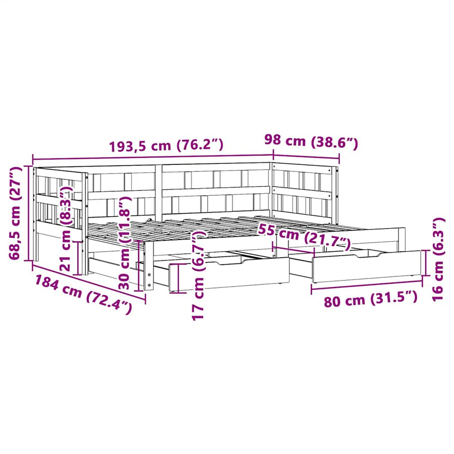 Slaapbank met onderschuifbed/lades zonder matras 90x190 cm wit