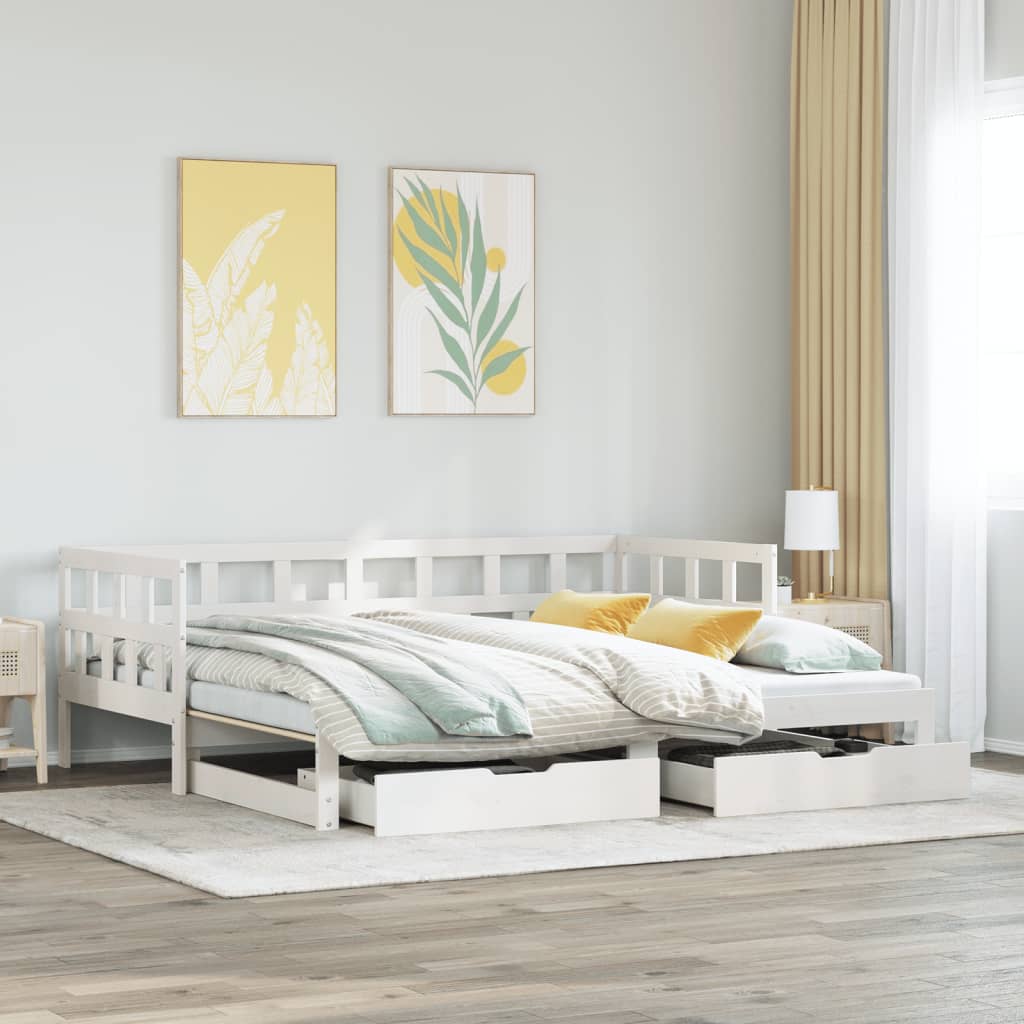 Slaapbank met onderschuifbed en lades 90x200 cm grenenhout wit