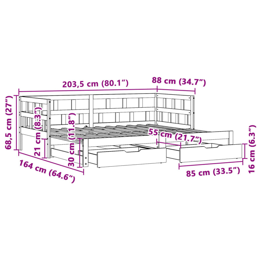 Slaapbank met onderschuifbed en lades 80x200 cm grenenhout wit