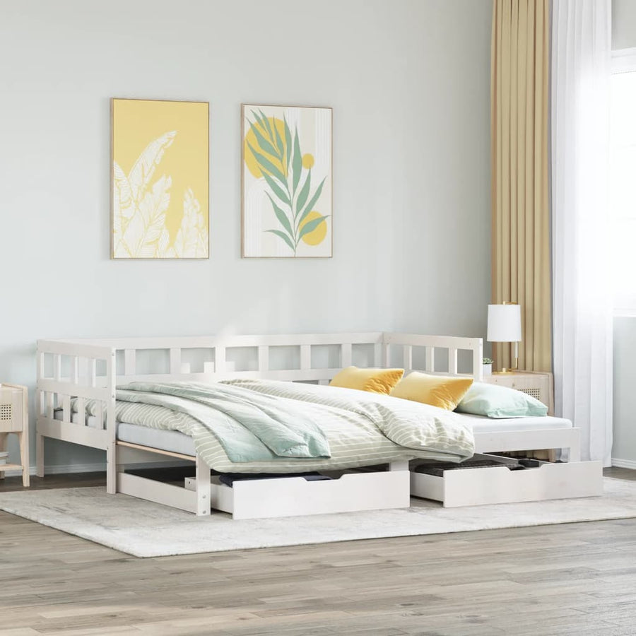 Slaapbank met onderschuifbed en lades 90x190 cm grenenhout wit