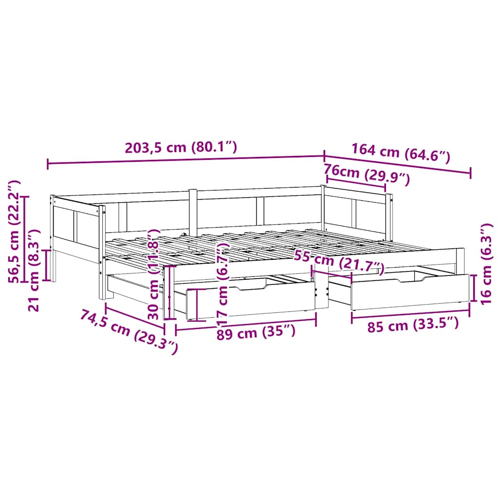 Slaapbank Met Onderschuifbed En Lades Zonder Matras 80 x 200 cm Naturel