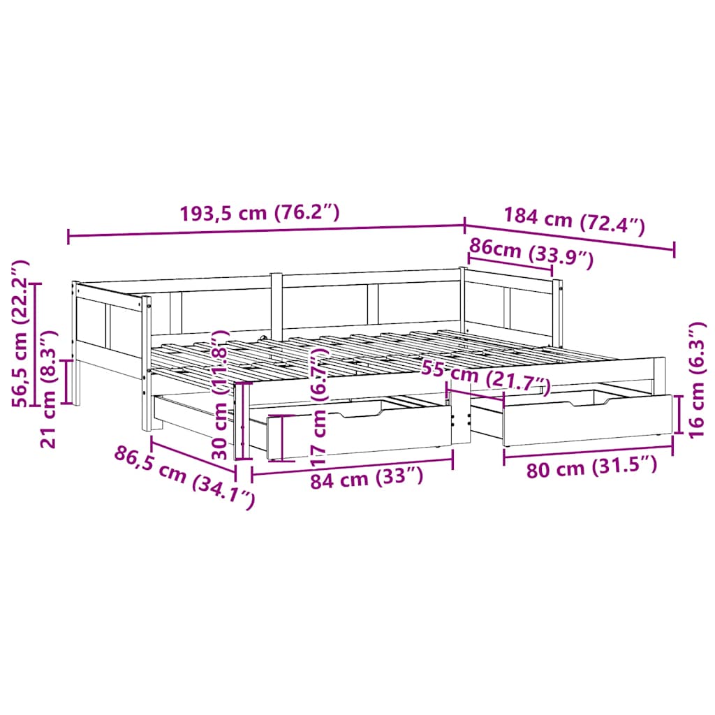 Slaapbank met onderschuifbed en lades zonder matras 90x190 cm