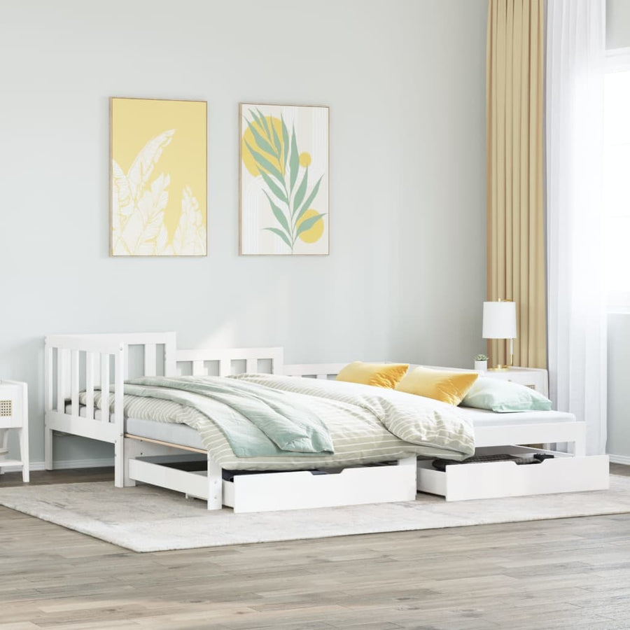 Slaapbank met onderschuifbed en lades 90x190 cm grenenhout wit