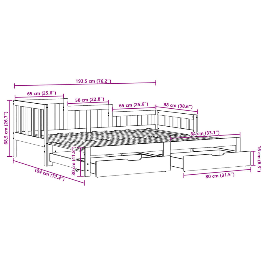 Slaapbank met onderschuifbed en lades 90x190 cm grenenhout wit
