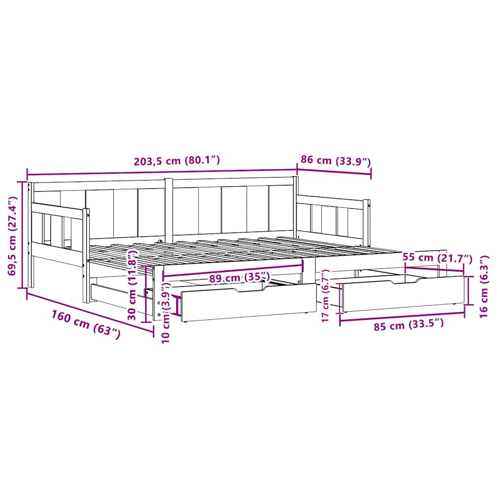 Slaapbank Met Onderschuifbed En Lades Zonder Matras 80 x 200 cm Naturel