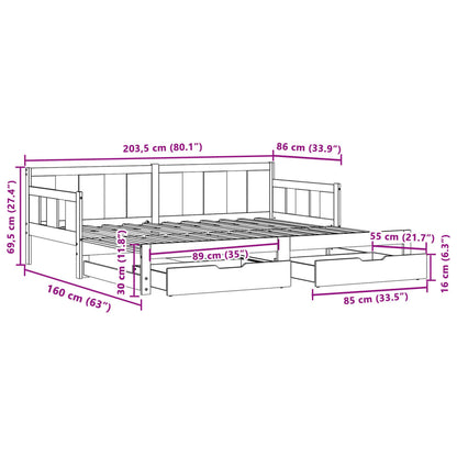 Slaapbank met onderschuifbed en lades 80x200 cm grenenhout wit