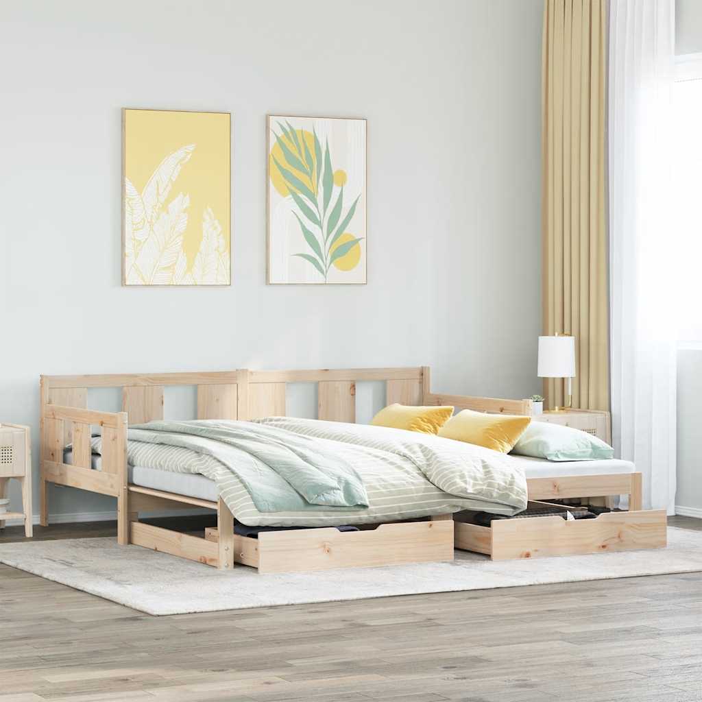 Slaapbank Met Onderschuifbed En Lades Zonder Matras 90 x 190 cm Naturel