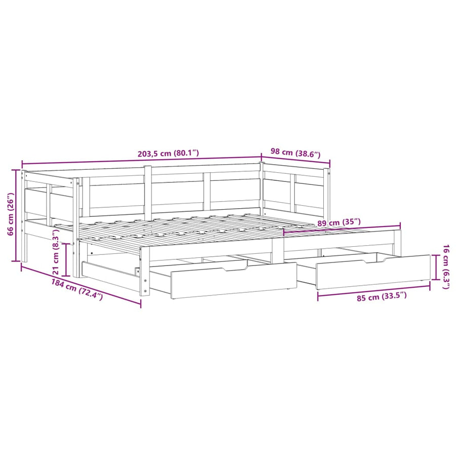 Slaapbank met onderschuifbed en lades 90x200 cm grenenhout wit