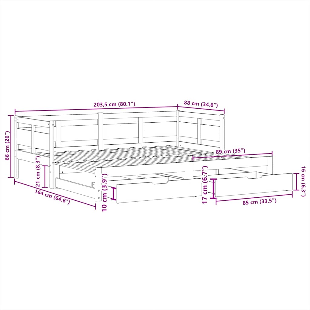 Slaapbank Met Onderschuifbed En Lades Zonder Matras 80 x 200 cm Naturel