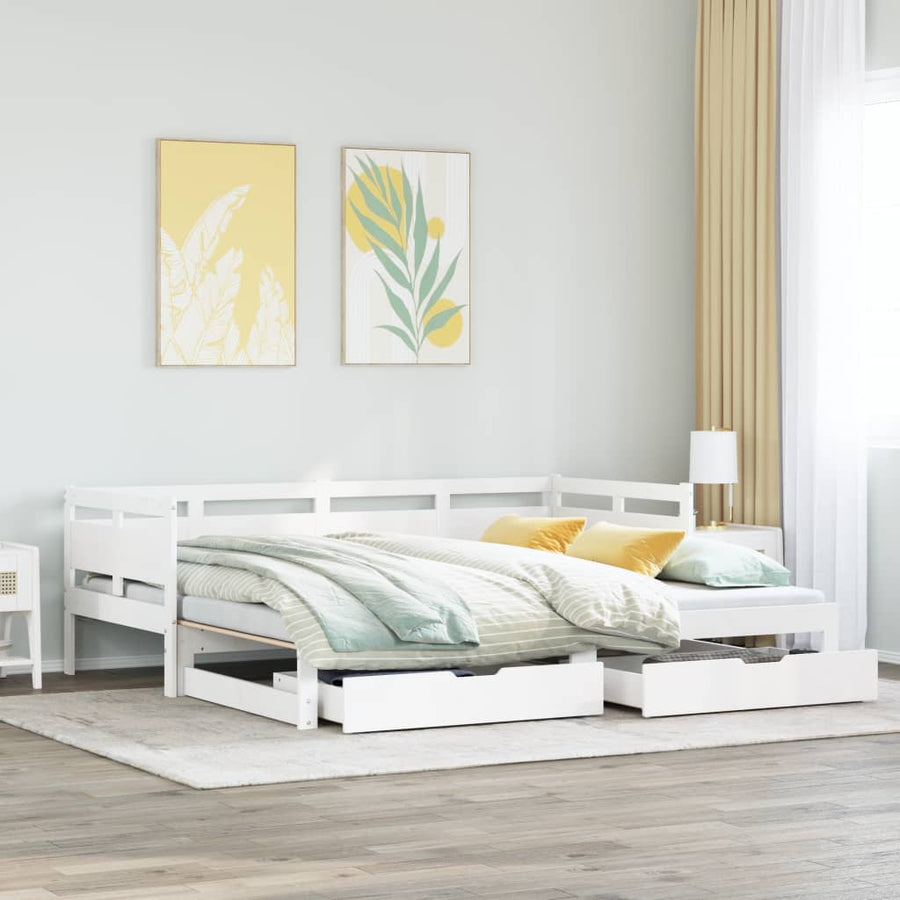 Slaapbank met onderschuifbed en lades 90x190 cm grenenhout wit