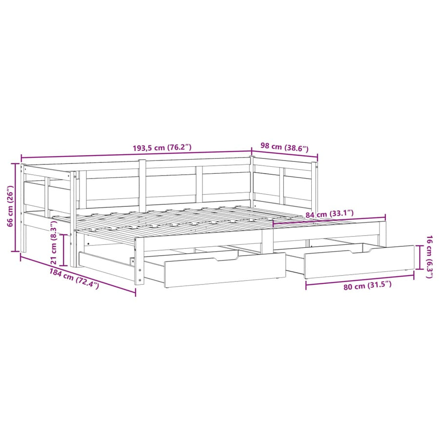 Slaapbank met onderschuifbed en lades 90x190 cm grenenhout wit