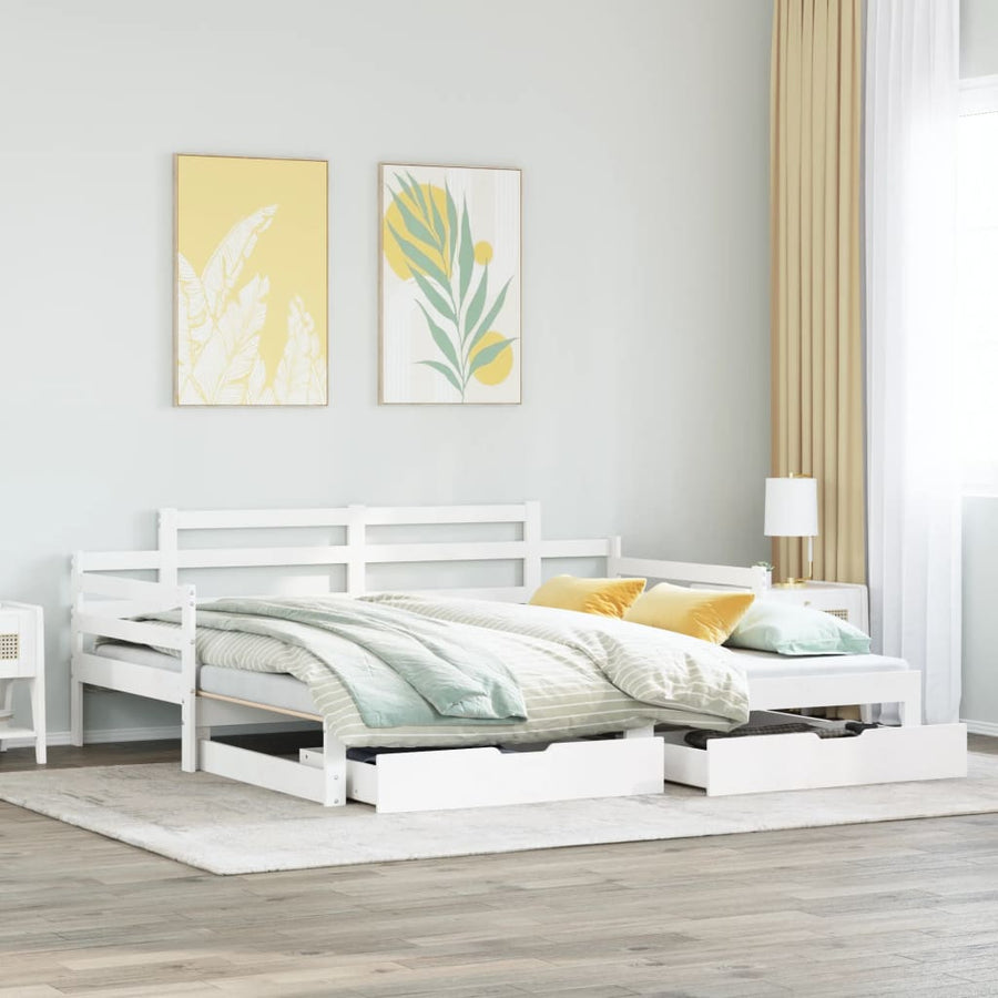 Slaapbank met onderschuifbed en lades 90x200 cm grenenhout wit