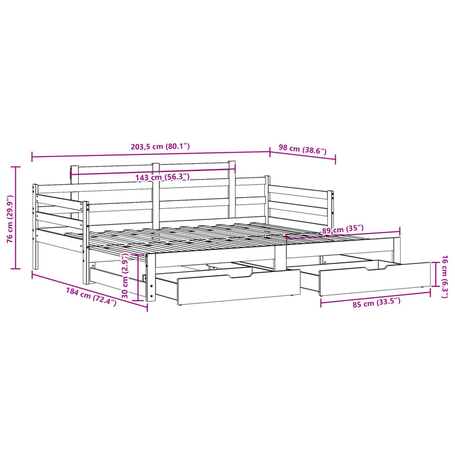 Slaapbank met onderschuifbed en lades 90x200 cm grenenhout wit