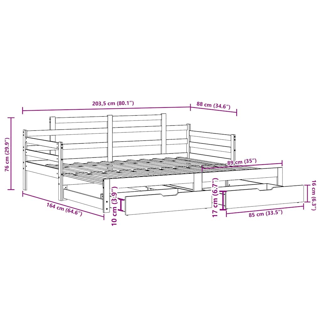 Slaapbank Met Onderschuifbed En Lades Zonder Matras 80 x 200 cm