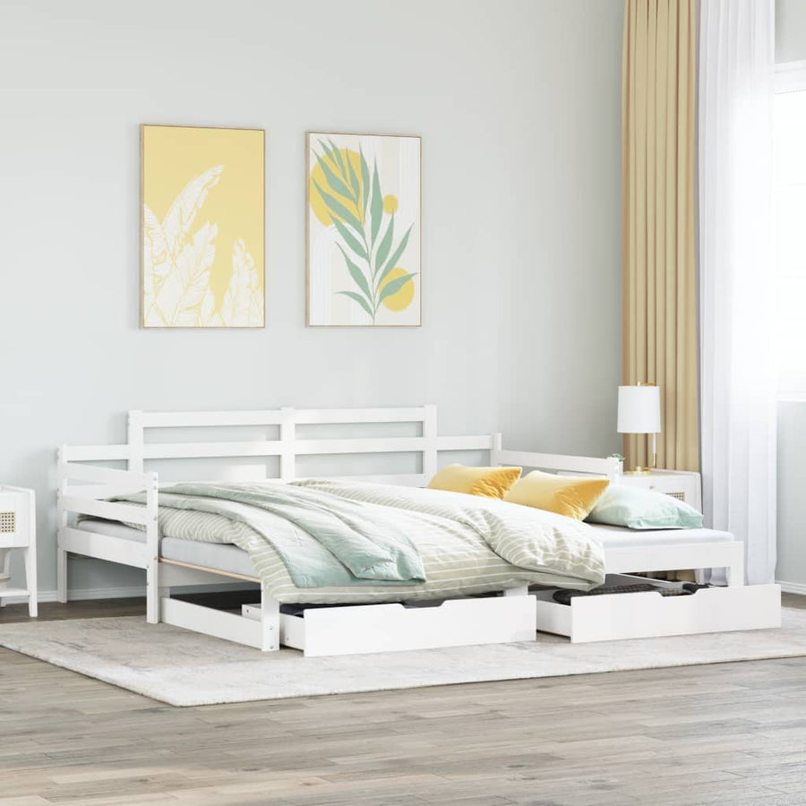 Slaapbank met onderschuifbed en lades 80x200 cm grenenhout wit