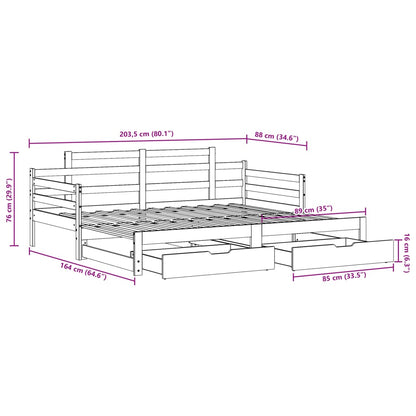 Slaapbank met onderschuifbed en lades 80x200 cm grenenhout wit