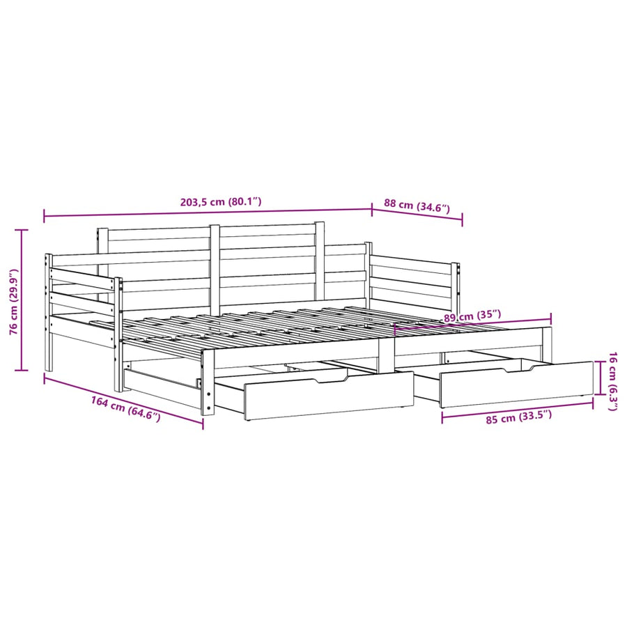 Slaapbank met onderschuifbed en lades 80x200 cm grenenhout wit
