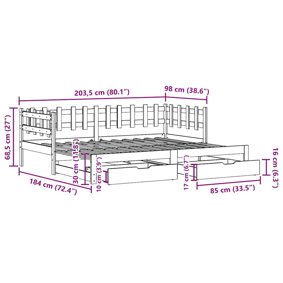 Slaapbank met onderschuifbed/lades zonder matras 90x200 cm wit