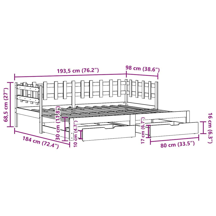 Slaapbank met onderschuifbed/lades zonder matras 90x190 cm wit