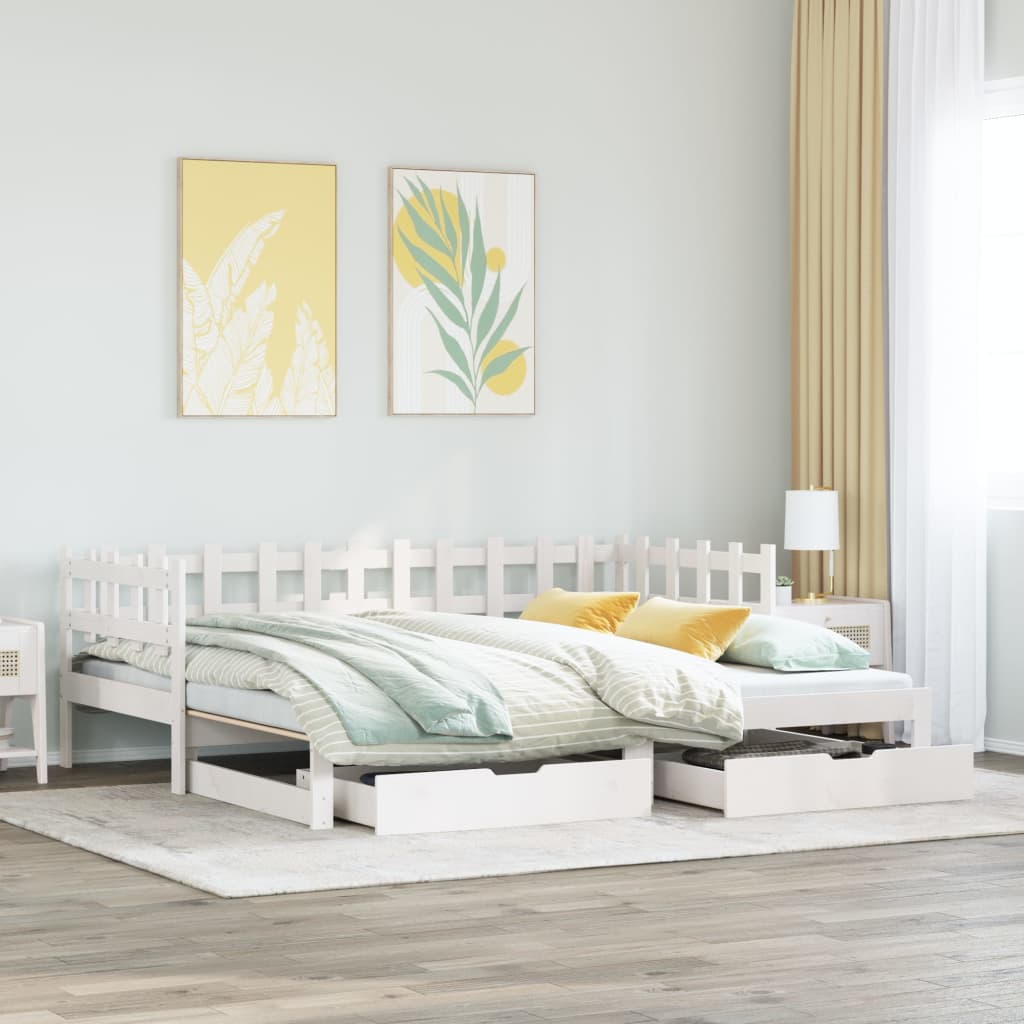 Slaapbank met onderschuifbed en lades 80x200 cm grenenhout wit