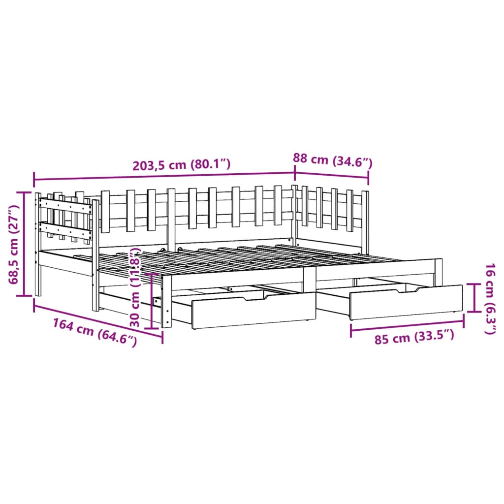 Slaapbank met onderschuifbed en lades 80x200 cm grenenhout wit