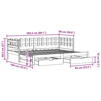 Slaapbank met onderschuifbed en lades 90x200 cm grenenhout