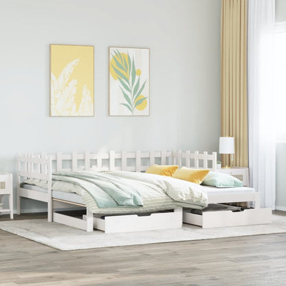 Slaapbank met onderschuifbed en lades 90x200 cm grenenhout wit
