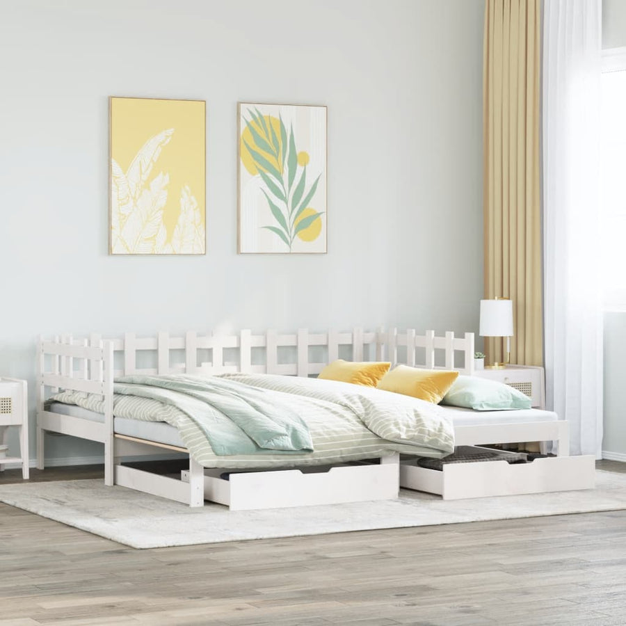Slaapbank met onderschuifbed en lades 90x200 cm grenenhout wit