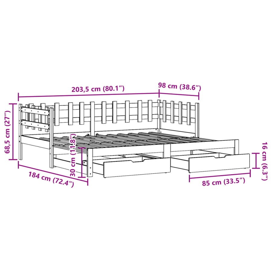 Slaapbank met onderschuifbed en lades 90x200 cm grenenhout wit
