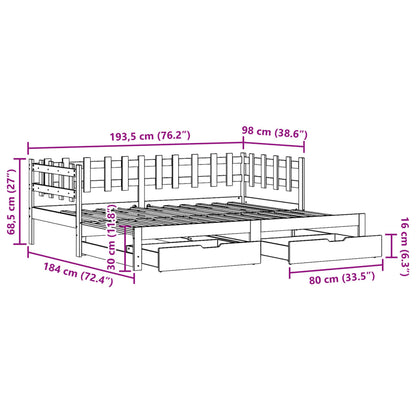 Slaapbank met onderschuifbed en lades 90x190 cm grenenhout wit