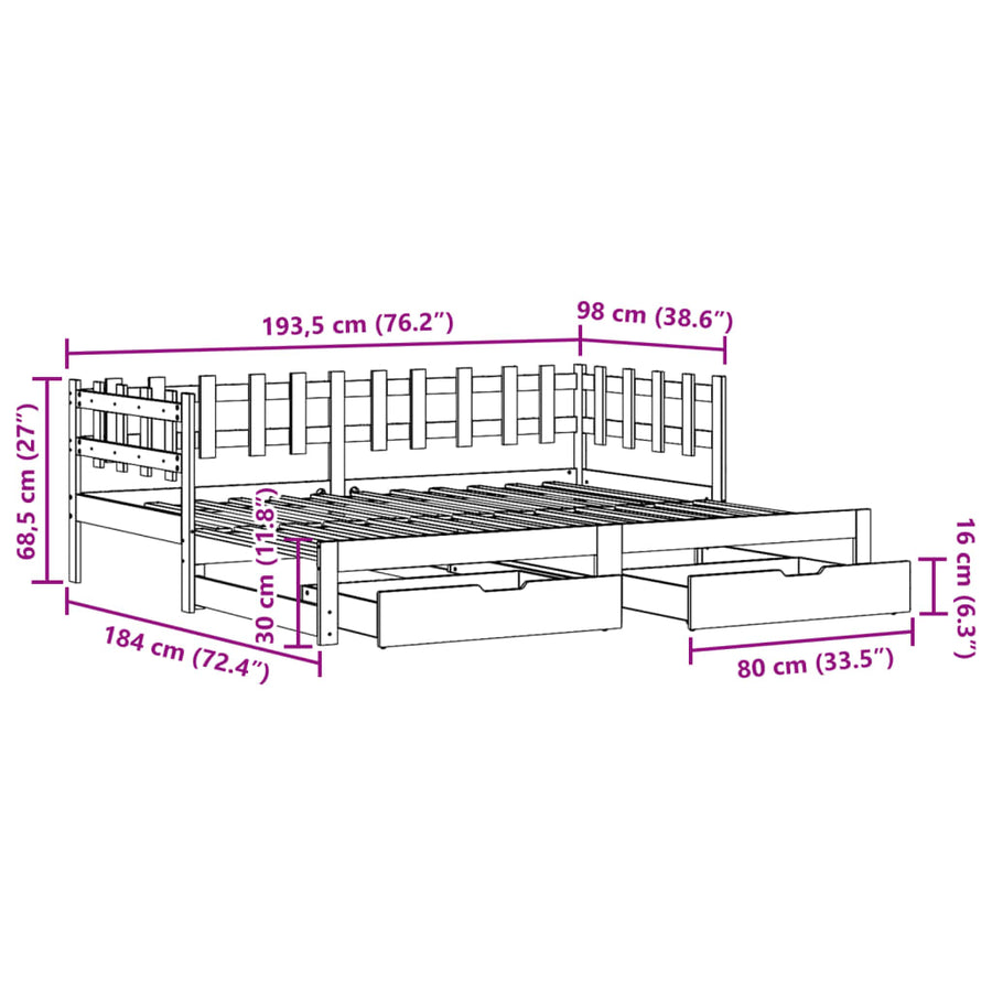 Slaapbank met onderschuifbed en lades 90x190 cm grenenhout wit