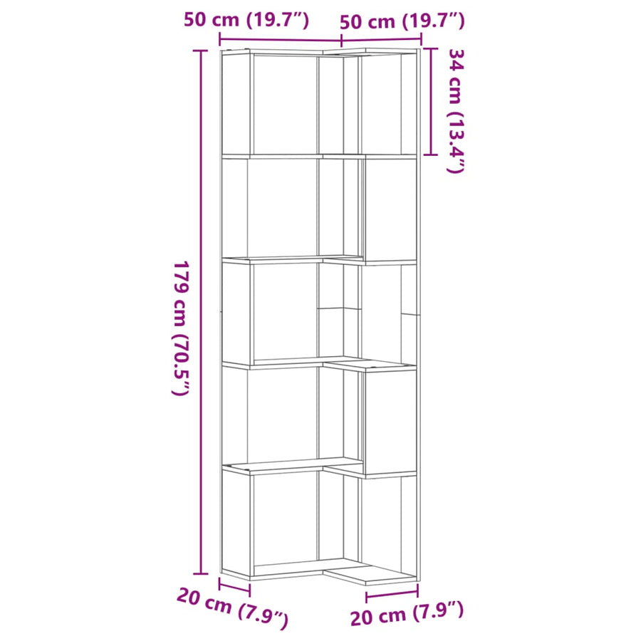 Boekenkast 5-laags hoek 50x50x179 cm bewerkt hout oud houtkleur