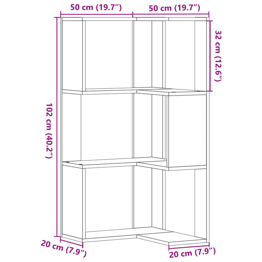 Hoekboekenkast 3-laags 50x50x102 cm bewerkt hout wit