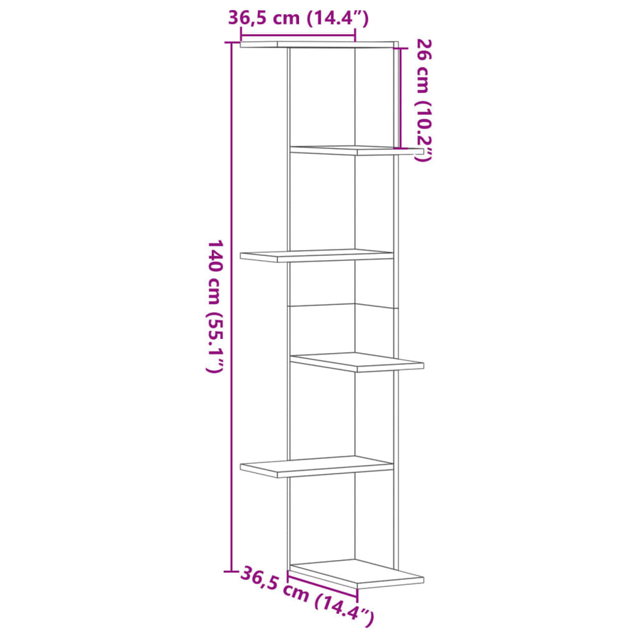 Hoekwandschap 36,5x36,5x140 cm bewerkt hout betongrijs