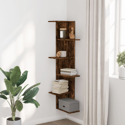 Hoekwandschap 36,5x36,5x140 cm bewerkt hout gerookt eikenkleur