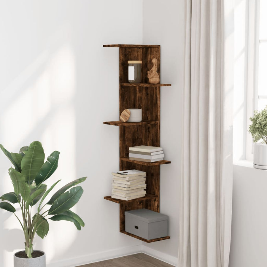 Hoekwandschap 36,5x36,5x140 cm bewerkt hout gerookt eikenkleur