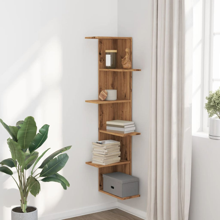 Hoekwandschap 36,5x36,5x140 cm bewerkt hout artisanaal eiken